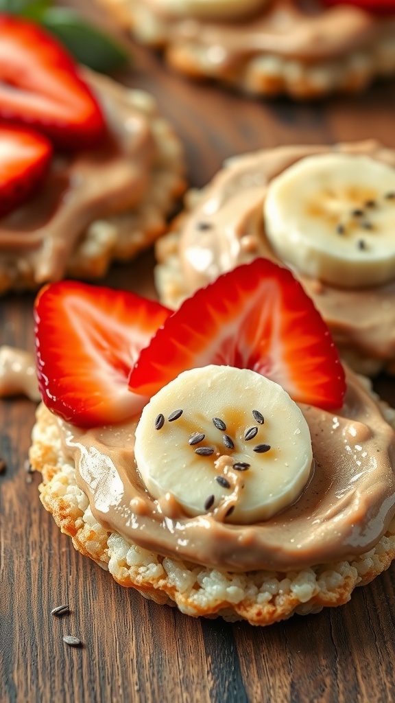 Crispy rice cakes with nut butter and fruit toppings on a wooden table.